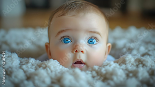 A surprised baby with blue ...
