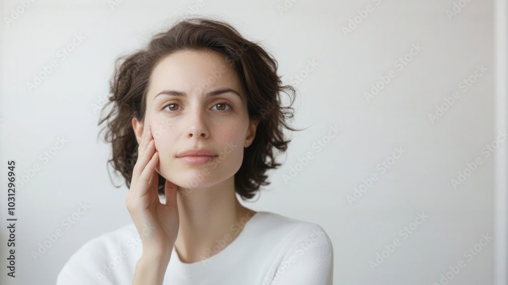 Woman standing in front of a bathroom mirror, gently touching her face, illustrating hormonal changes Woman standing in front of a bathroom mirror, gently touching her face, illustrating hormonal changes