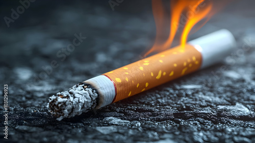 A lit cigarette resting on a textured surface, emitting smoke.