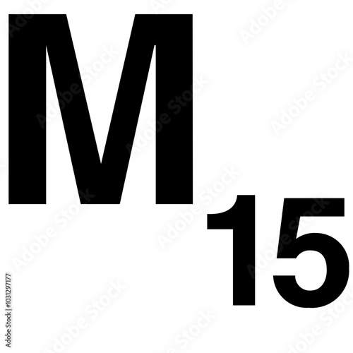 Black and white image of the letter "M" followed by the number "15".