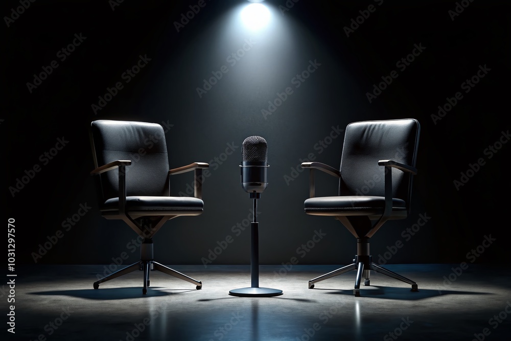 Chairs and Microphone in Podcast Room Silhouette for Interview Setup