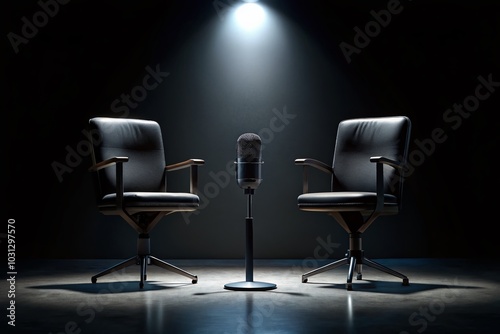 Chairs and Microphone in Podcast Room Silhouette for Interview Setup photo