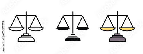 scales of justice icons, scales of justic and law in outline, silhouette and editable colors in unexpandable vector form, 