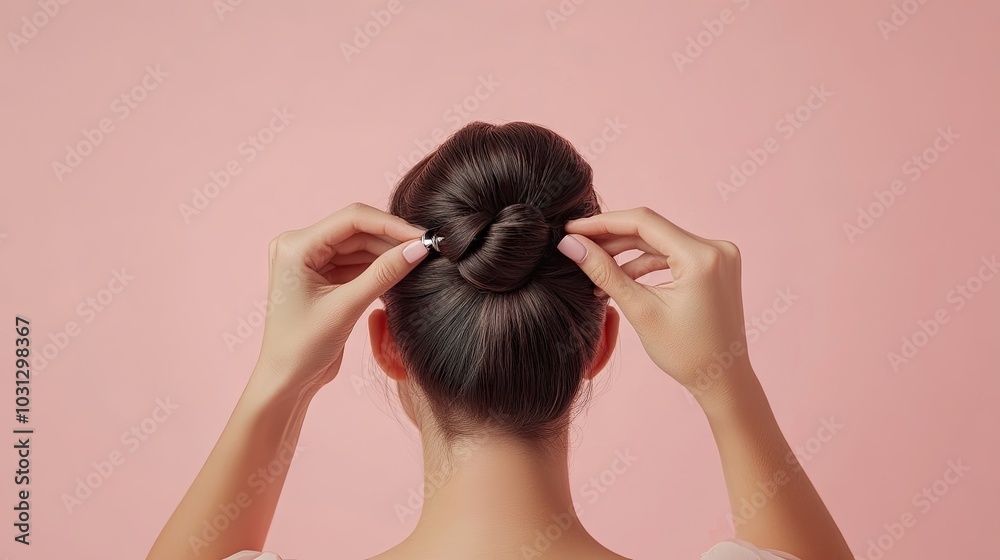 Fototapeta premium Elegant Hair Bun with Hands on Pink Background