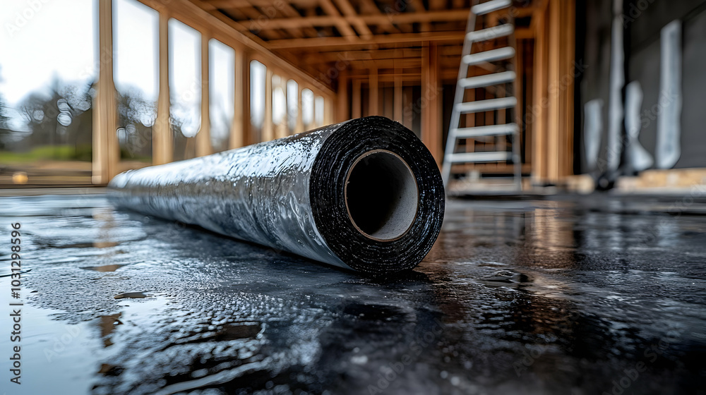 A roll of construction material on a wet floor in a building site. A roll of construction material on a wet floor in a building site.