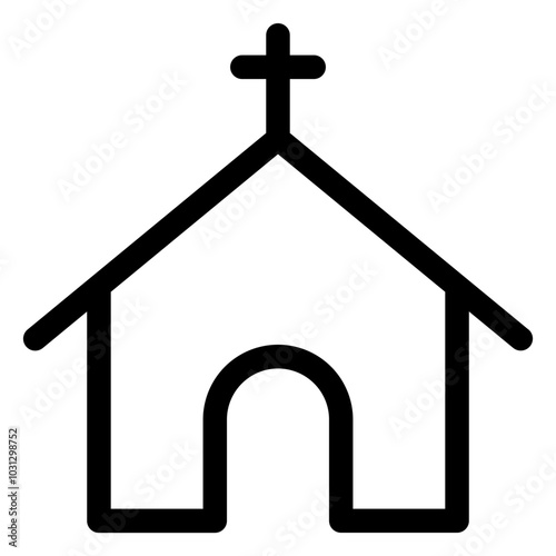 Black and white silhouette of a church icon with a cross on top.