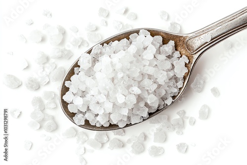 Close-up of coarse sea salt in a spoon, white isolate background.