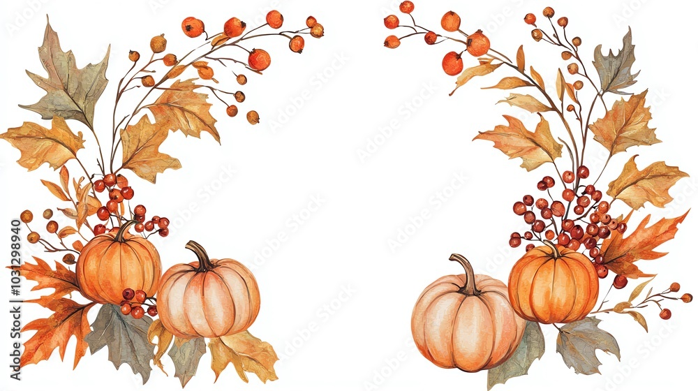 Naklejka premium Autumn themed pumpkin and foliage arrangement on a white isolated background.
