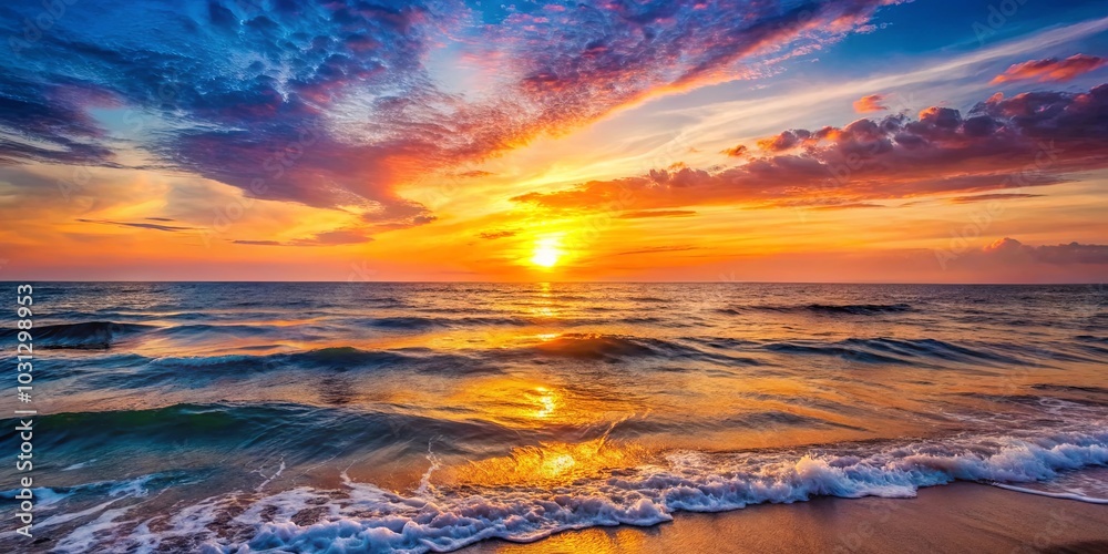 Golden Hour Reflection on the Ocean's Edge, a Sky Painted with Hues of Crimson and Azure Golden Hour Reflection on the Ocean's Edge, a Sky Painted with Hues of Crimson and Azure