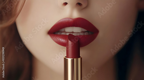 Close-up of a woman's lips with bold red lipstick.