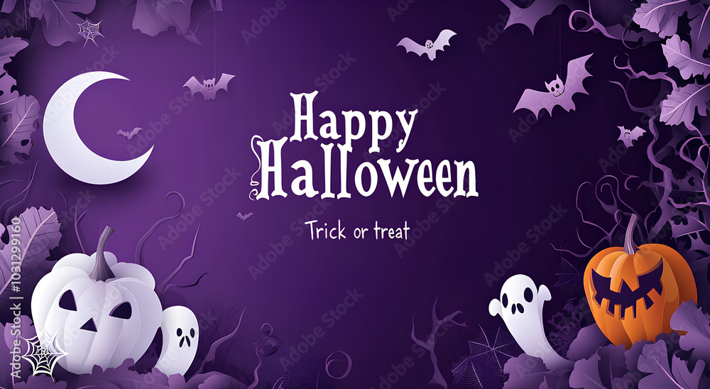 A Halloween greeting card featuring pumpkins, bats, and ghosts on a purple background. A Halloween greeting card featuring pumpkins, bats, and ghosts on a purple background.