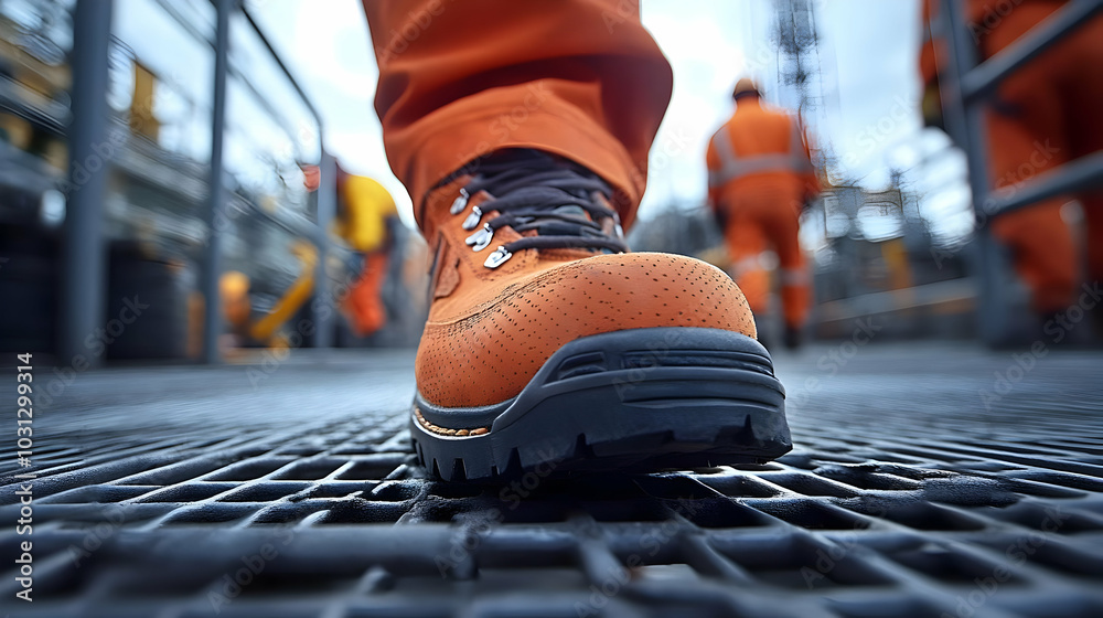 Close-up of a safety boot worn by a worker in an industrial setting. Close-up of a safety boot worn by a worker in an industrial setting.