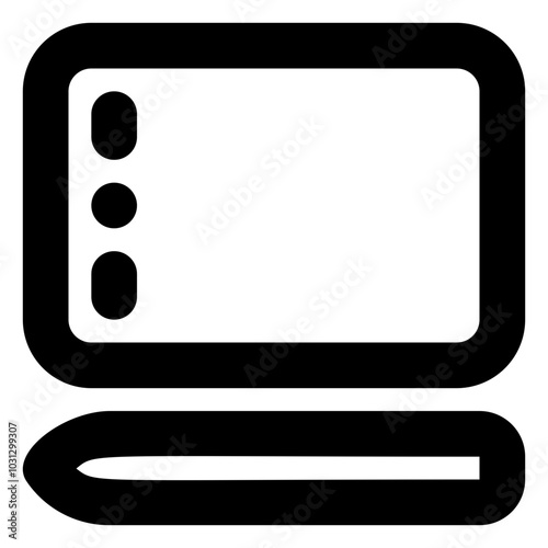 Black and white outline of a rectangle with rounded corners and three circles on the left side.