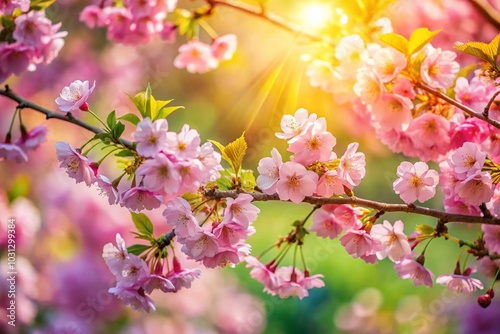 Cherry Blossoms in Full Bloom with Sunlight and Green Leaves - Nature Photography