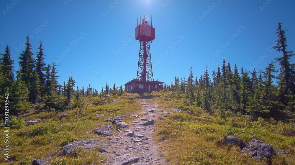 Tower structure on a rocky path surrounded by greenery.