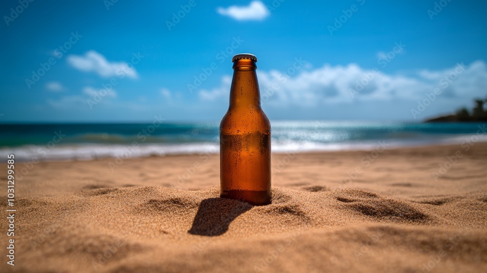 Cold Beer Bottle on Sandy Beach with Ocean View Cold Beer Bottle on Sandy Beach with Ocean View