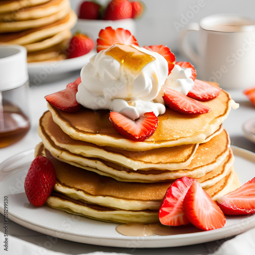 stack of pancakes glazed with maple syrup creaam and strawberry on top photo