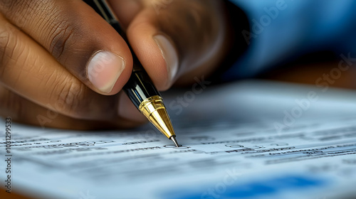 A hand holding a pen, signi...