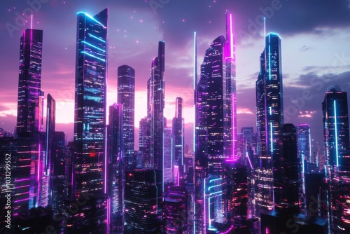 Wallpaper Mural Futuristic Cityscape at Sunset with Neon Lights and Skyscrapers Torontodigital.ca