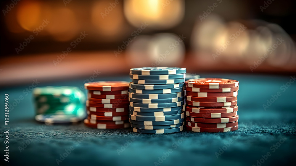 Stacked poker chips on a felt surface, ready for a game. Stacked poker chips on a felt surface, ready for a game.