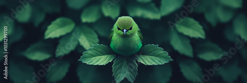 A small, green bird perched on a leaf, surrounded by foliage.