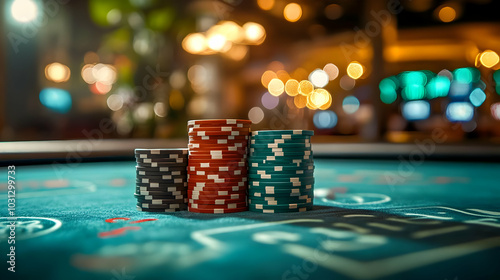 Stacked poker chips on a ca...