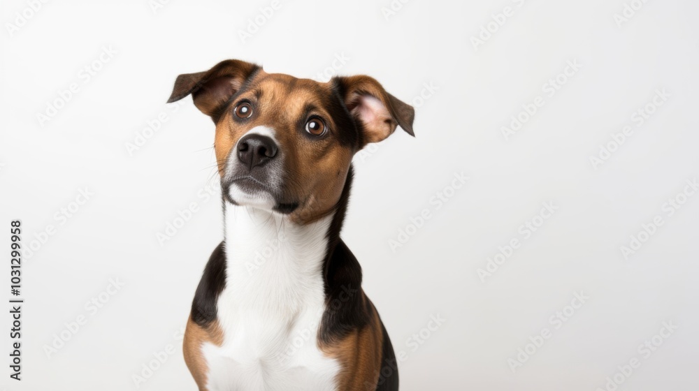 A studio portrait of an alert, small brown, black, and white dog, exuding curiosity and charm. A studio portrait of an alert, small brown, black, and white dog, exuding curiosity and charm.