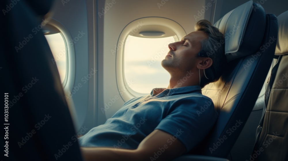 A serene man comfortably asleep in an airplane seat by the window, bathed in soft natural light, conveying peaceful travel and relaxation. A serene man comfortably asleep in an airplane seat by the window, bathed in soft natural light, conveying peaceful travel and relaxation.