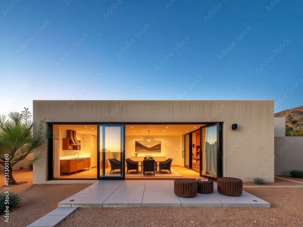 A large house with a patio and a kitchen. The patio has a dining table and chairs. The house is surrounded by a desert landscape