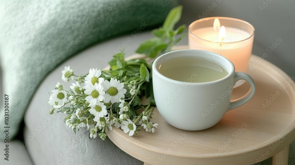 Cup of herbal tea placed on a small table next to fresh flowers and a candle, evoking a calm, serene atmosphere Cup of herbal tea placed on a small table next to fresh flowers and a candle, evoking a calm, serene atmosphere