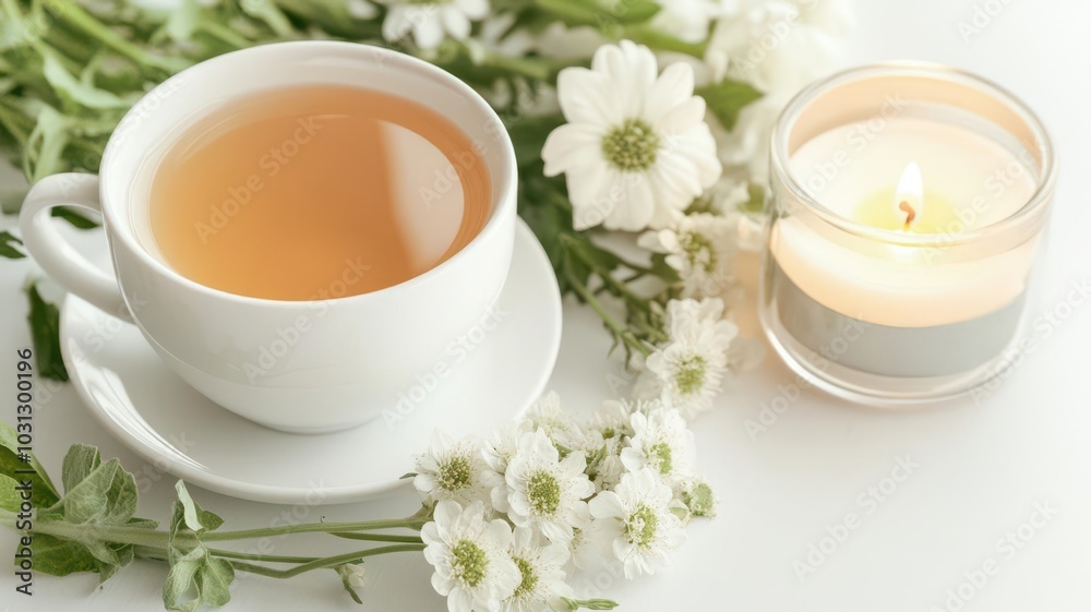 Cup of herbal tea placed on a small table next to fresh flowers and a candle, evoking a calm, serene atmosphere Cup of herbal tea placed on a small table next to fresh flowers and a candle, evoking a calm, serene atmosphere