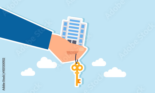 A hand holding an office building and a company with keys, illustration of solving business problems by obtaining solutions from third parties