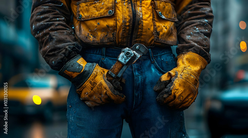 Worker in rugged attire holding a tool, set in an urban environment.