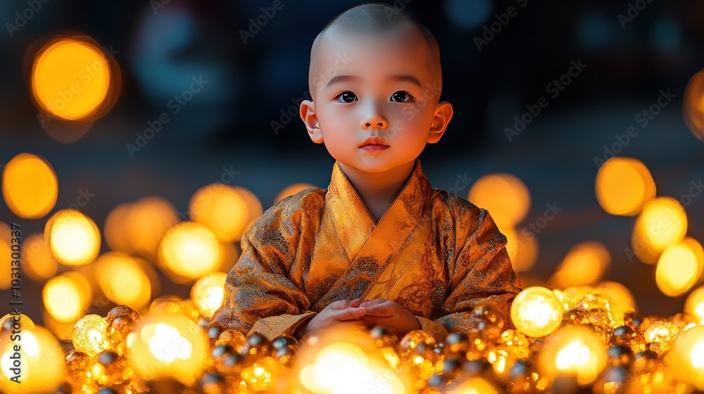 A young boy in traditional clothing sits amongst glowing lights, his eyes reflecting the warmth and wonder of the moment. A young boy in traditional clothing sits amongst glowing lights, his eyes reflecting the warmth and wonder of the moment.