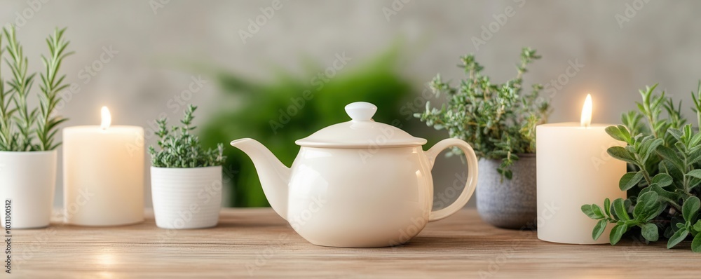 Teapot with fresh herbal infusion placed on a wooden table, with plants and candles creating a peaceful ambiance Teapot with fresh herbal infusion placed on a wooden table, with plants and candles creating a peaceful ambiance