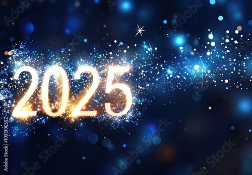 Sparkling 2025 New Year Celebration with Glittering Lights and Festive Blue Background