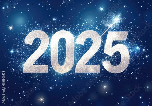 Sparkling 2025 New Year Celebration with Glittering Stars and Fireworks on a Midnight Blue Background