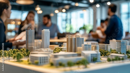 Business professionals collaborate on real estate strategies with architectural models in an office setting