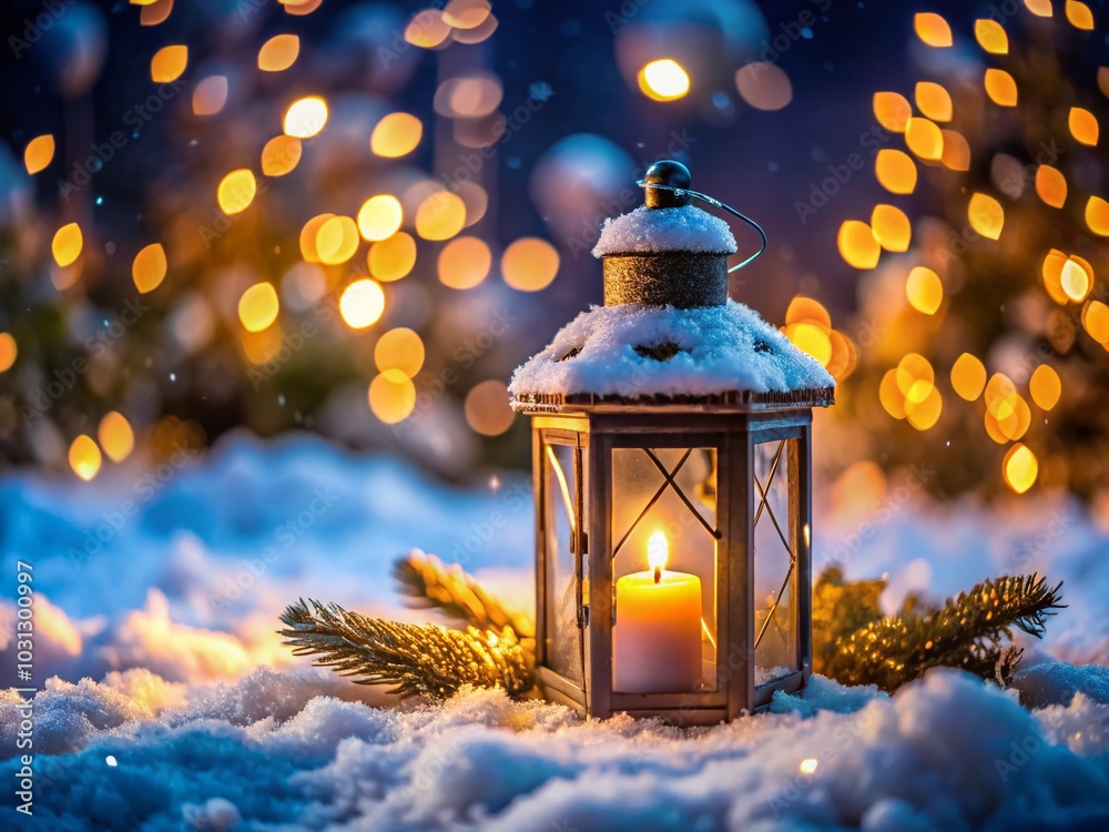 Christmas Candle Lantern in Snowy Night - Beautiful Holiday Decor with Soft Blurred Background