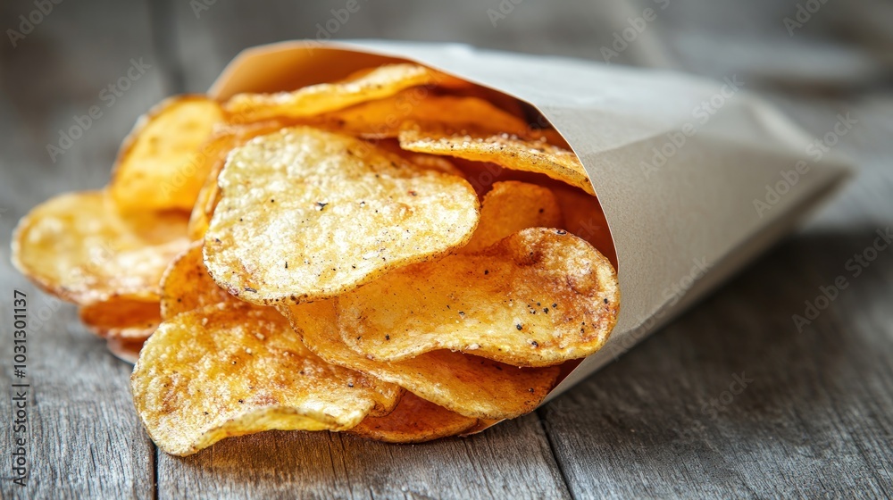 A paper bag filled with crispy potato chips on a rustic wooden table. A paper bag filled with crispy potato chips on a rustic wooden table.