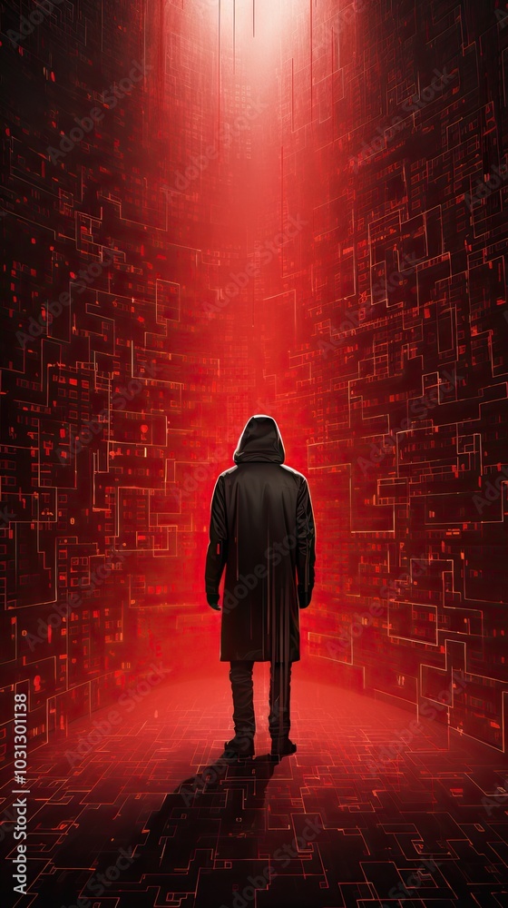 Obraz premium Futuristic Cyberpunk Scene with Hooded Figure in Red Digital Matrix Environment