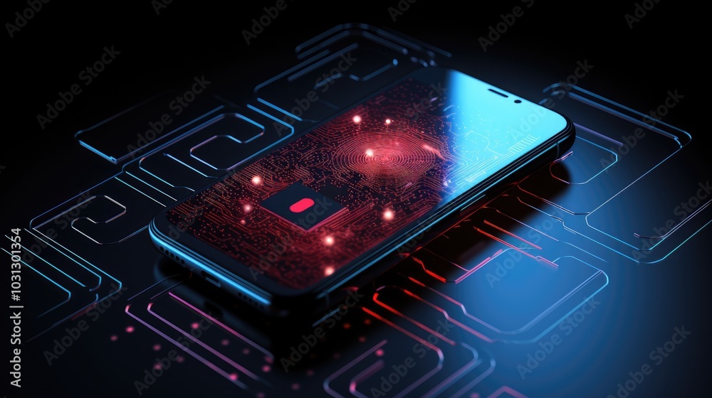 Futuristic Smartphone with Digital Circuit Board and Glowing Elements on Dark Background Futuristic Smartphone with Digital Circuit Board and Glowing Elements on Dark Background