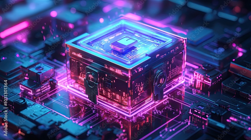 Futuristic Neon Circuit Board with Glowing Cube in Cyberpunk Style for Technology and Innovation Concepts Futuristic Neon Circuit Board with Glowing Cube in Cyberpunk Style for Technology and Innovation Concepts