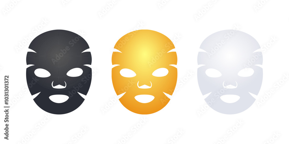 Black, gold and white facial sheet masks representing different skin types Black, gold and white facial sheet masks representing different skin types