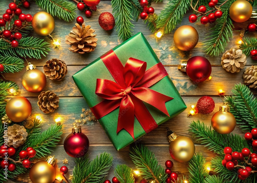 Christmas Gift Box Flat Lay with Copy Space for Text - Festive Portrait Photography Christmas Gift Box Flat Lay with Copy Space for Text - Festive Portrait Photography