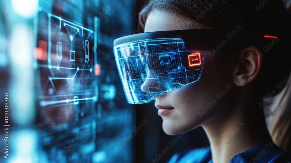 Futuristic Woman Wearing Augmented Reality Glasses in a High-Tech Digital Environment with Holographic Interface Futuristic Woman Wearing Augmented Reality Glasses in a High-Tech Digital Environment with Holographic Interface