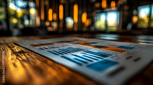 A blurred report with graphs and charts on a wooden table.