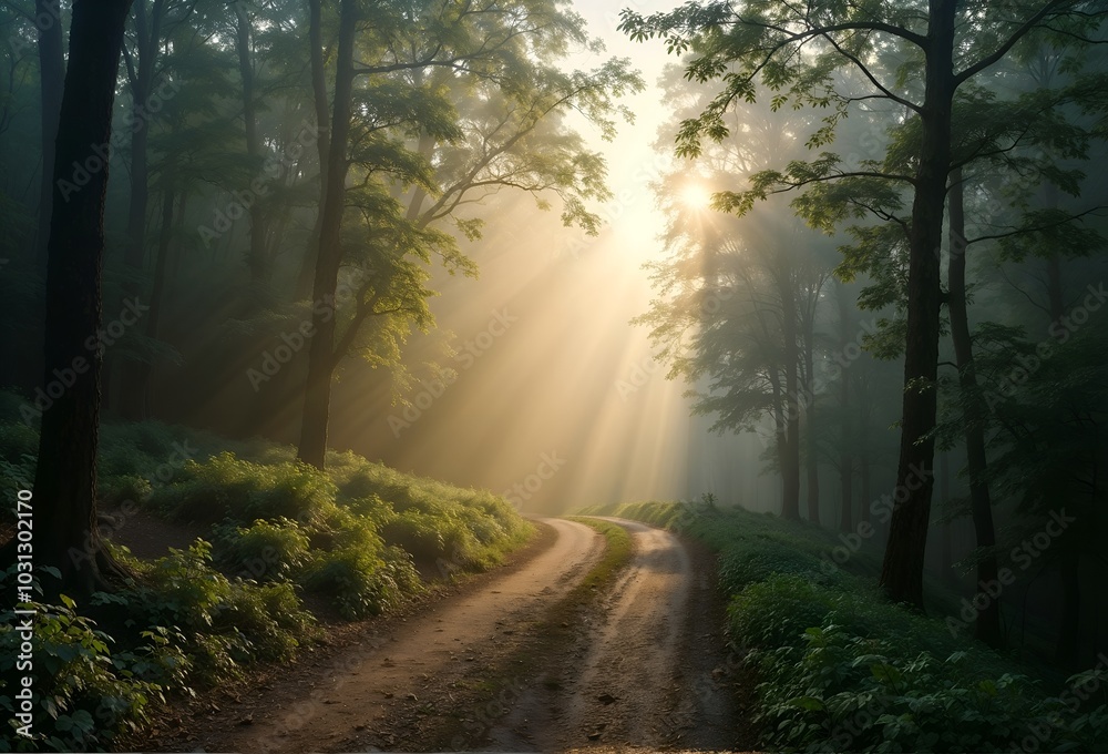 Fototapeta premium Enchanting Dirt Road Through Sunlit Forest with Radiant Sun Rays Filtering through Trees