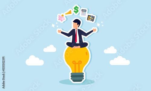 A businessman meditating cross-legged on a lamp surrounded by elements of financial management, illustration of innovation in effective financial management strategy