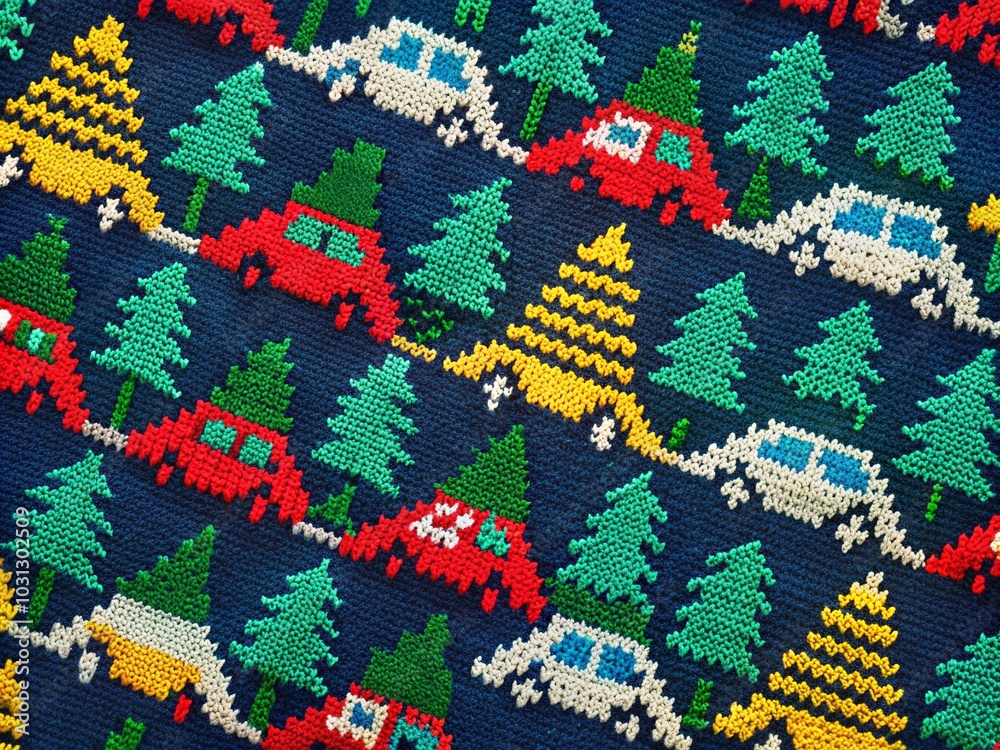 Christmas Tree Car Pattern for Winter Apparel Design in 8-Bit Game Style Christmas Tree Car Pattern for Winter Apparel Design in 8-Bit Game Style
